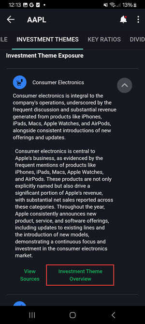The investment theme overview link on the android phone